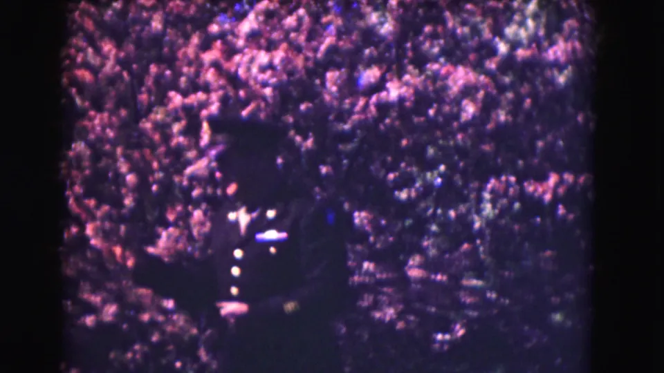 In Washington DC home-movie footage from 1975, a uniformed officer stands in profile near a flowering tree.