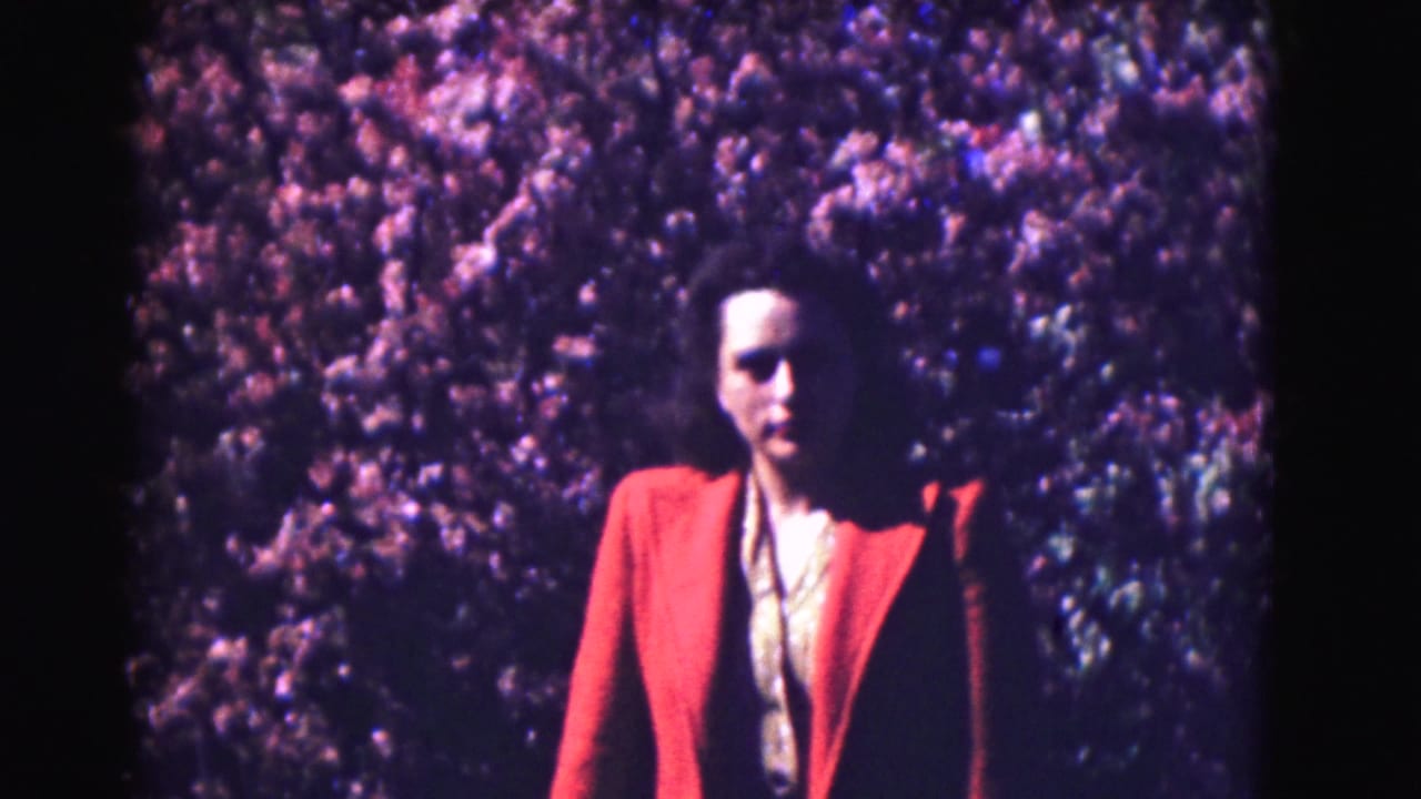 Closer view of the woman in a red jacket against pink trees.