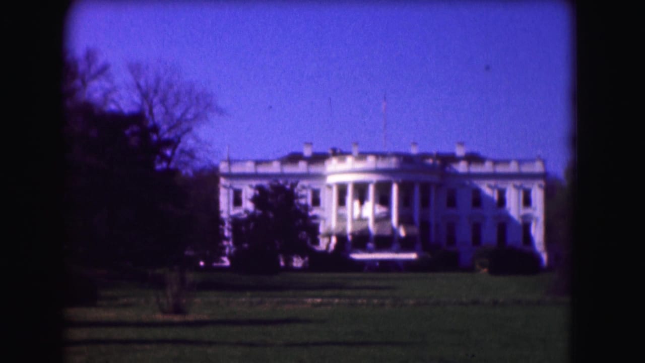 White House facade viewed from the lawn with trees at the edges.