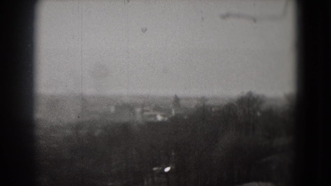 1975 Washington, DC home-movie frame showing a soft distant cityscape beyond dark trees and a pale sky.