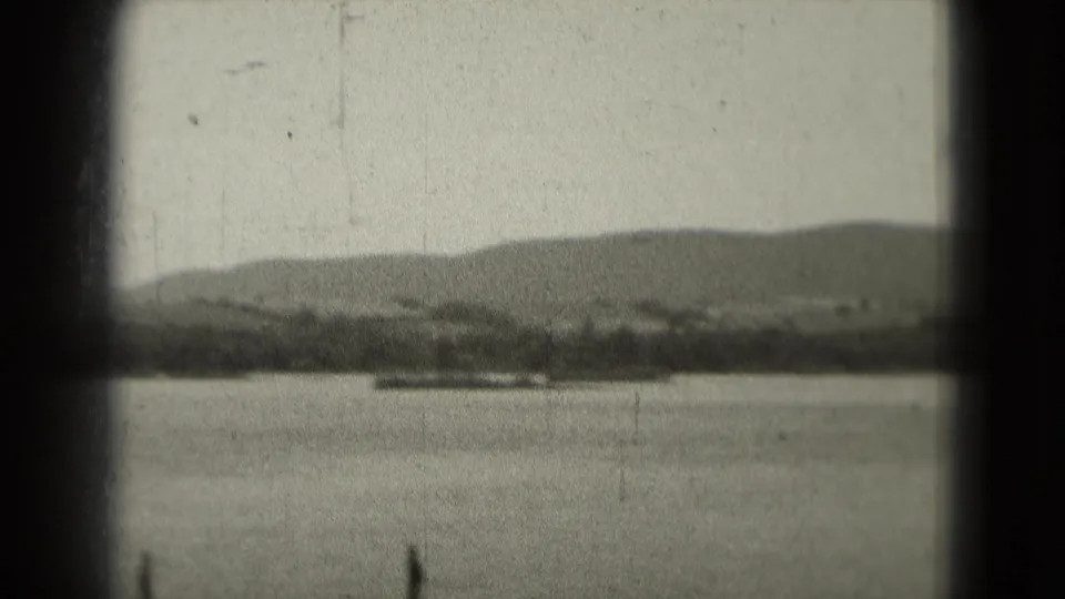 A wide 8mm view shows calm water, a distant tree line, and low hills after the swan-feeding scene.