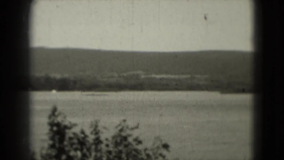 Washington, DC area 8mm frame with calm water, a dark tree-lined shore, low hills, pale sky, and silhouetted bushes in the foreground.