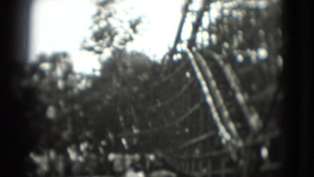 Blurred view of a wooden roller coaster structure rising above trees and park paths.