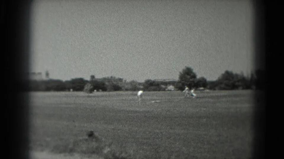 Black-and-white 8mm view of a Washington, DC grassy field with small distant people and trees in the background.