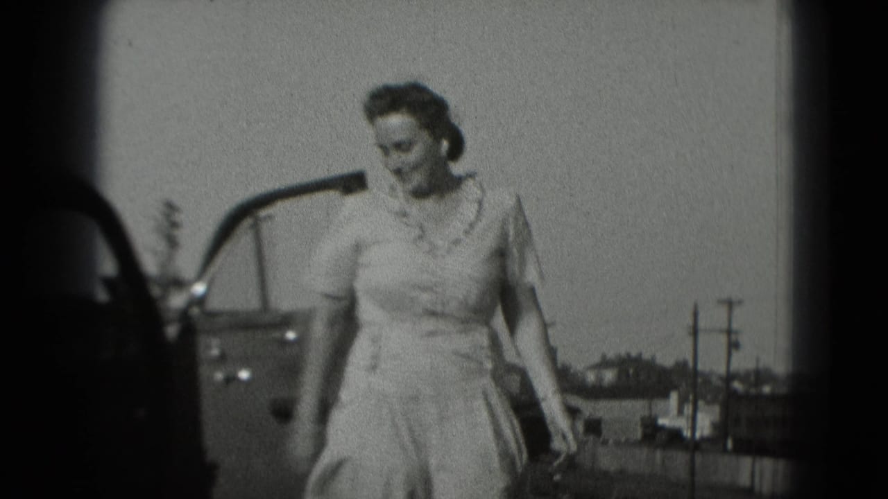 The woman remains beside the open car door, with utility poles and low roadside structures visible in the background.