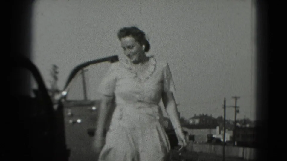The woman remains beside the open car door, with utility poles and low roadside structures visible in the background.
