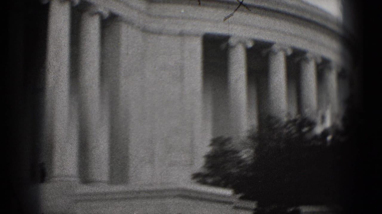 Close view of Lincoln Memorial columns with dark film edges and trees at right.