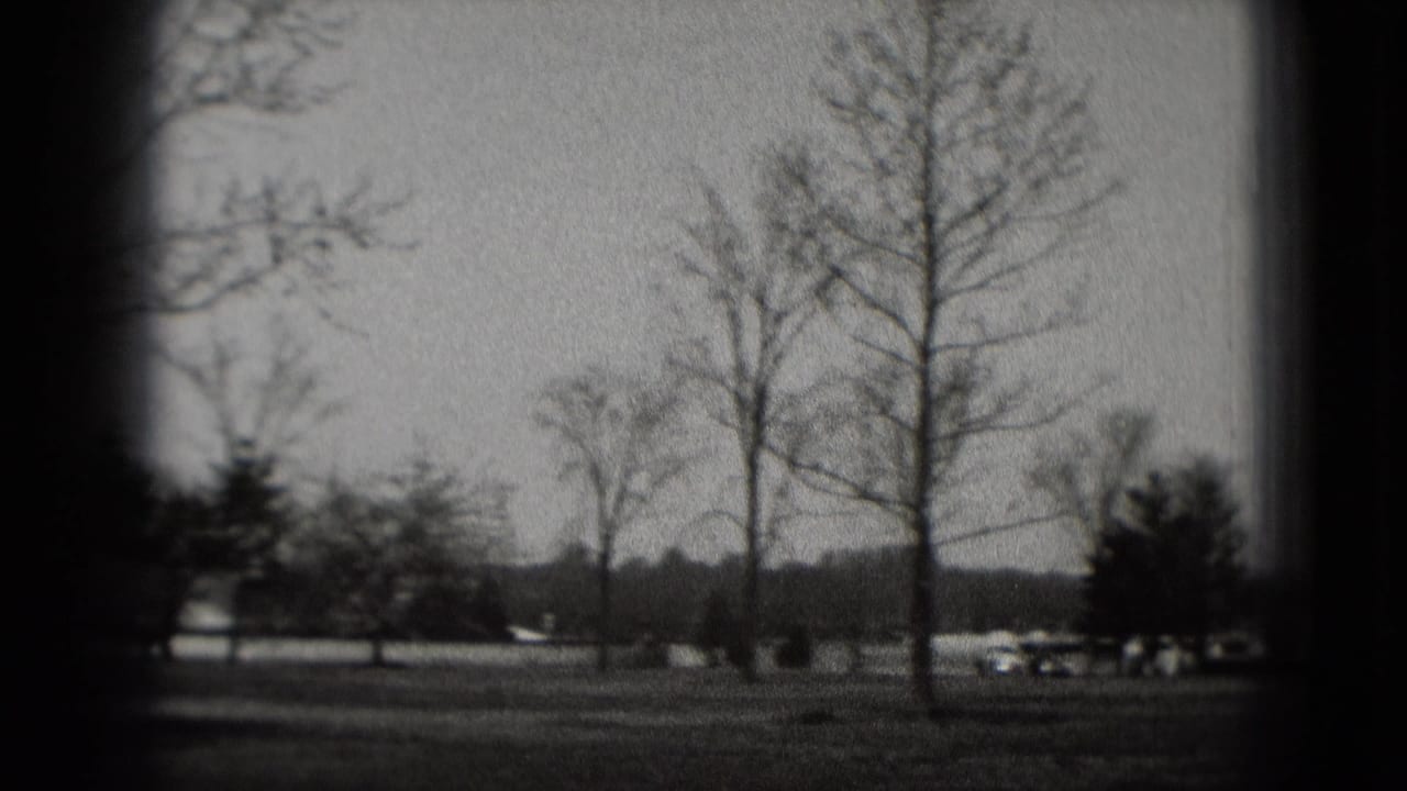 Black-and-white 1975 Washington, DC home-movie frame showing bare trees, open grass, distant cars, and dark film gate edges.