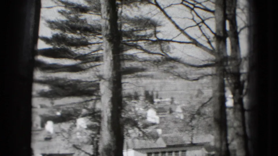 Final 8mm frame from the 1975 Washington DC visit reel, showing bare branches over a quiet landscape of houses, fields, and hills.