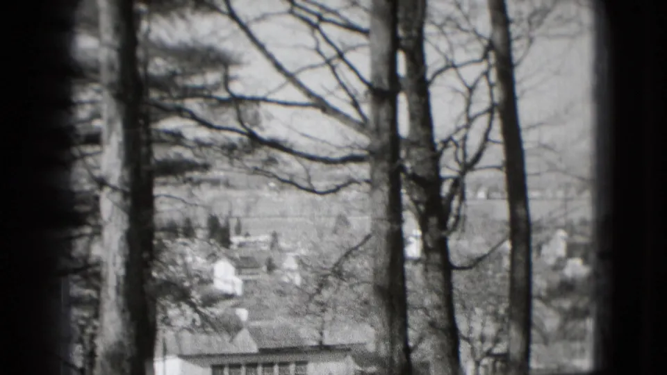 Black-and-white 1975 8mm frame from Washington, DC area showing bare trees in the foreground and distant homes beyond the woods.