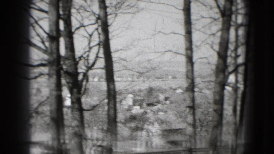 Black-and-white home-movie frame showing leafless trees and a distant Washington, DC area valley with scattered low buildings.