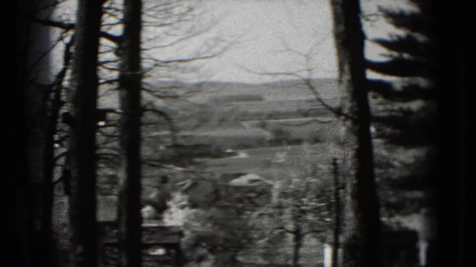 Black-and-white 8mm frame of a wooded overlook, with bare trunks in front of open fields and rolling terrain in the distance.