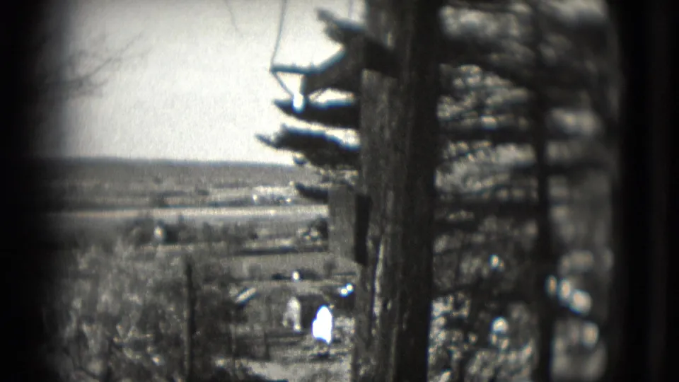 1975 8mm home-movie frame of bare trees looking toward open land and distant houses, supported by the clip metadata.