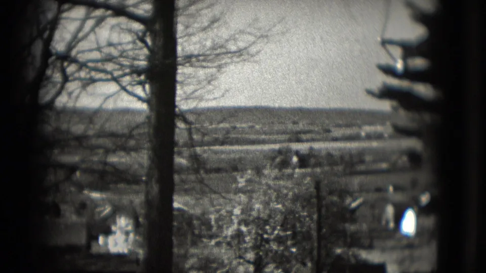 Soft black-and-white 8mm view through trees toward a broad field and small distant structures in the 1975 reel.