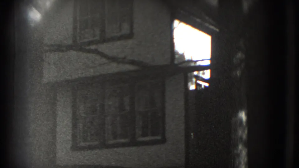 1975 Washington, DC 8mm frame with the camera closer on upper windows and roofline of a house, partly crossed by branches.
