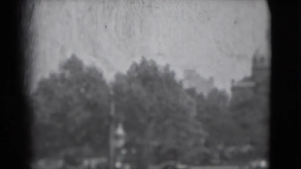 Soft 1975 Washington, DC home-movie frame showing treetops and a partial distant building through dark window mullions.
