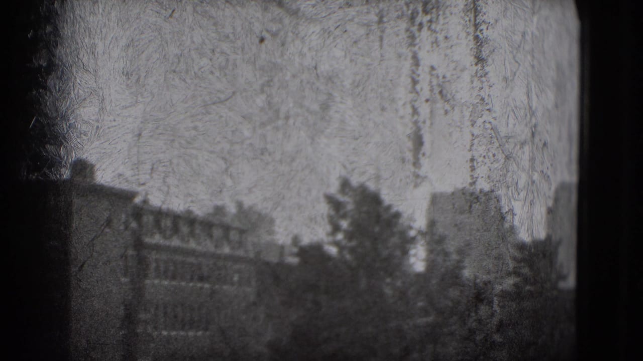 Grainy black-and-white view of distant buildings and trees seen through dark vertical framing.