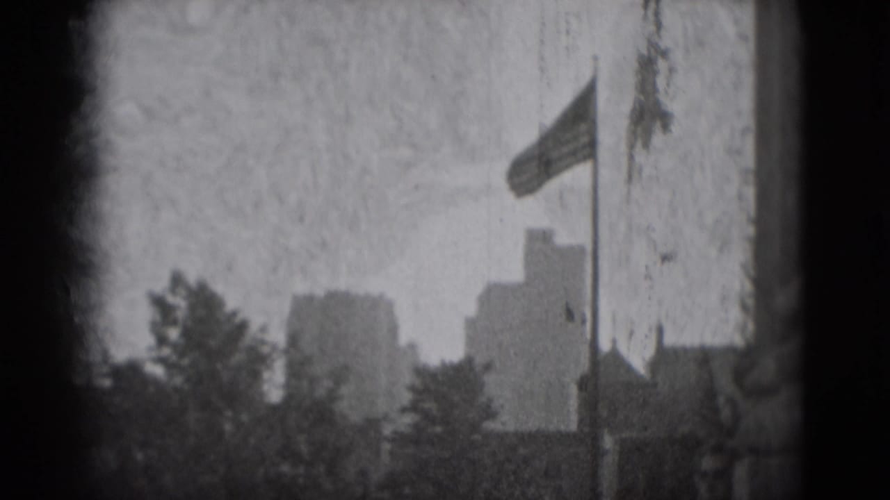 Hazy skyline with blocky buildings, trees, and a flagpole near the right edge.