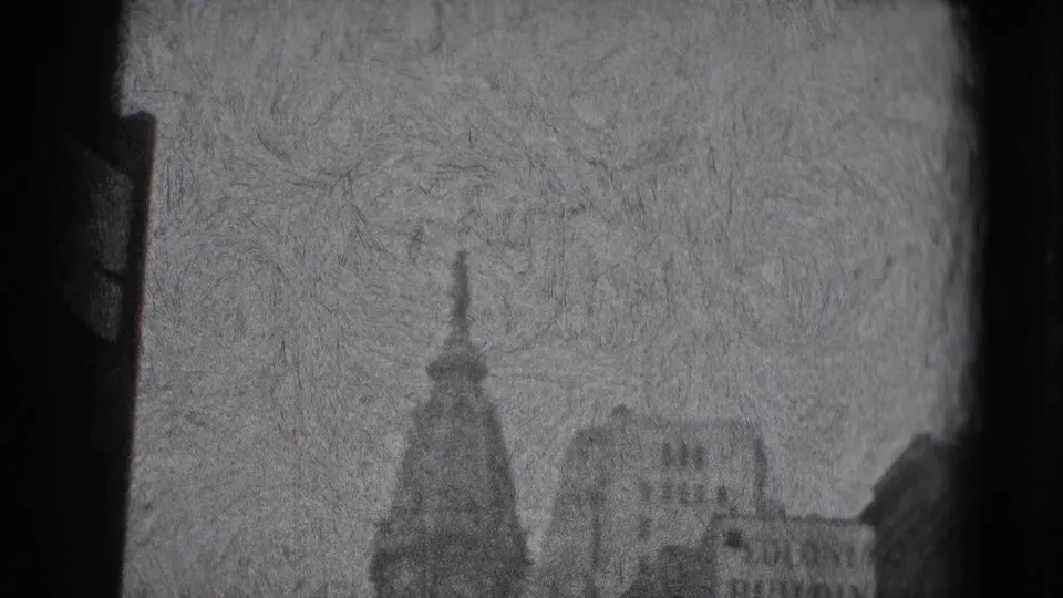 Washington DC 8mm frame with a domed or spired roofline, nearby buildings, and a partial BUILDING sign in heavy film grain.