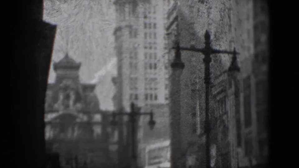 1975 Washington, DC 8mm frame showing blurred tall buildings, decorative rooflines, and street lamps from a handheld street angle.