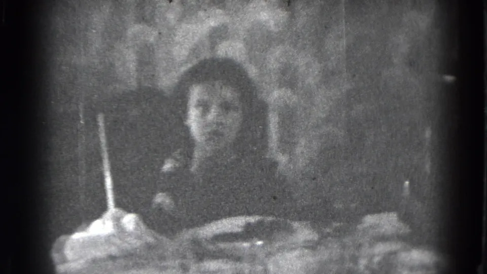 Grainy indoor home-movie frame showing a seated person behind a party table with plates and a candle-like object in view.