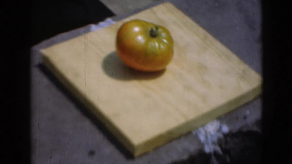 A yellowish-green tomato sits on a wooden cutting board on an outdoor surface in archival home-movie footage from Middletown, Pennsylvania per metadata.