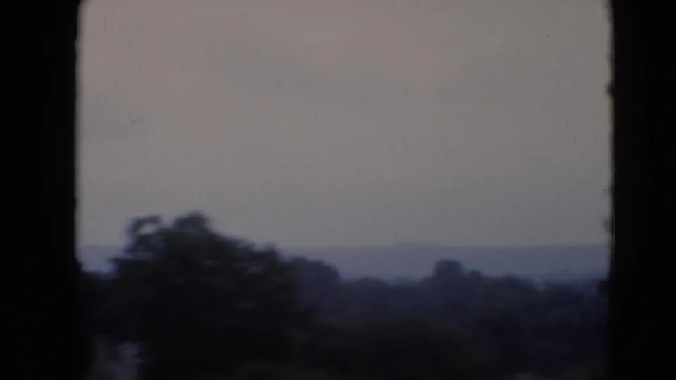 Metadata-dated 1947 rural Middletown view with blurred foreground trees and a distant, hazy ridge.