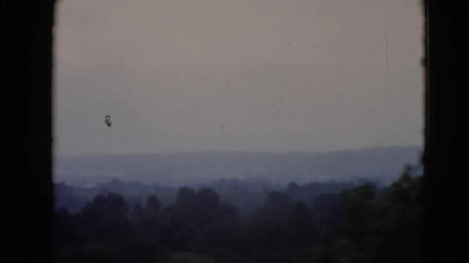 Soft, hazy view of wooded Pennsylvania hills and a pale sky, partially obscured by a dark window mullion.