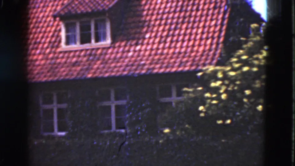 1975 Denmark 8mm frame showing the lower roofline, ivy-covered facade, white-framed windows and leafy branches at the right edge.