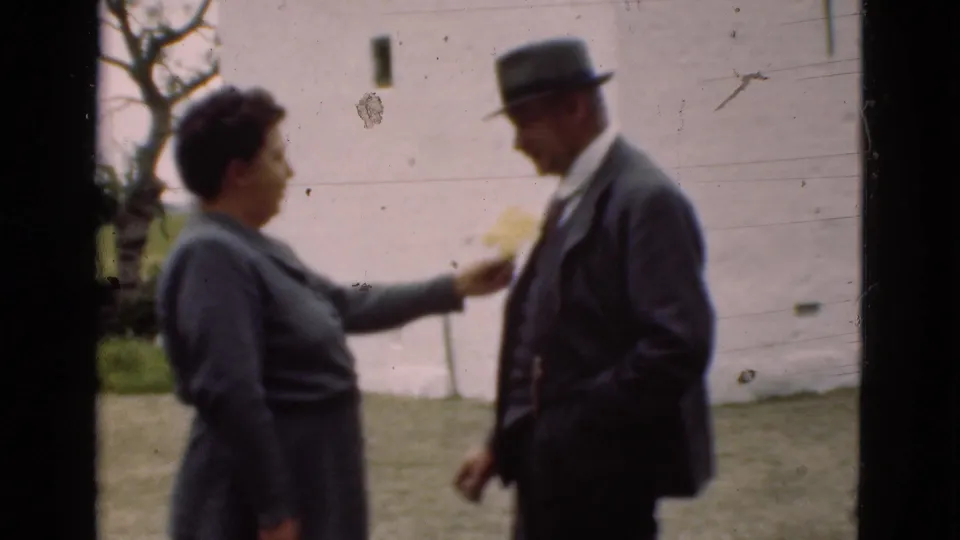 The woman reaches toward the suited man with a yellow flower in a rural Denmark backyard setting supported by the clip metadata.