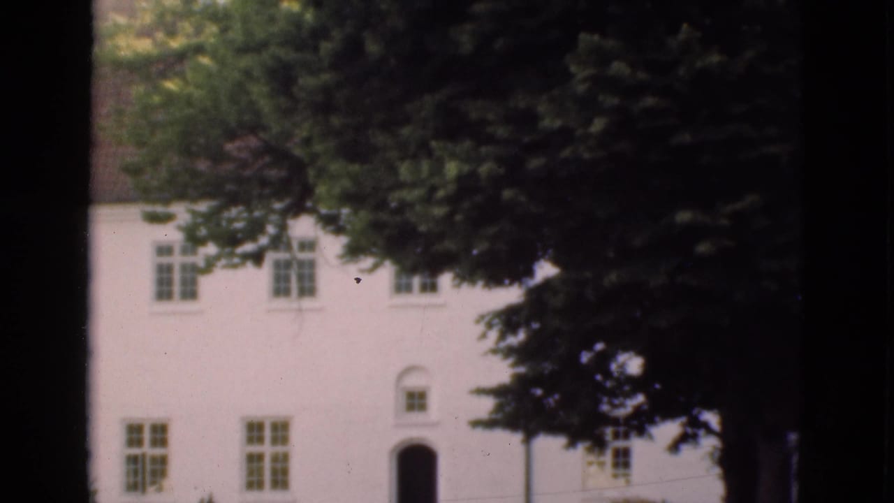 White building facade with arched doorway and tree branches at the right.