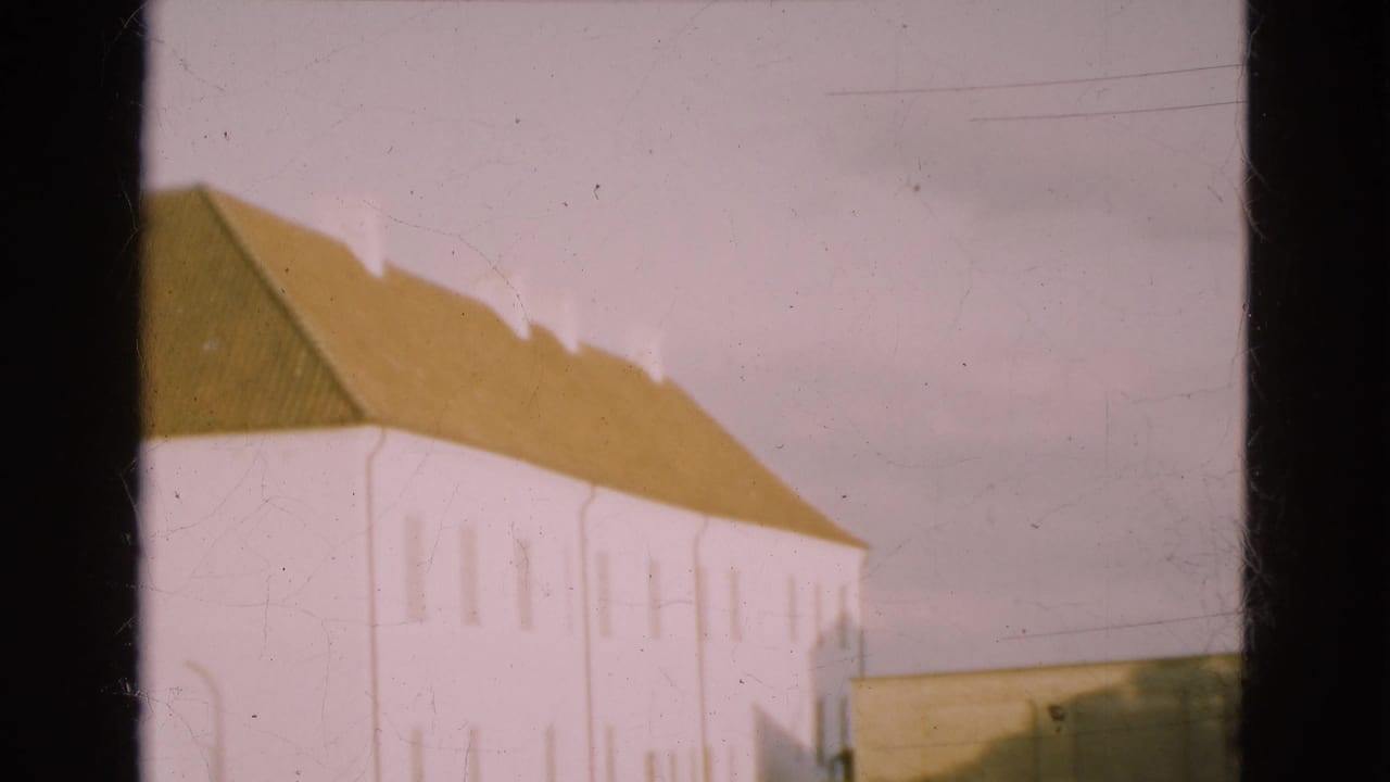 Soft 8mm view of a white Danish farm building with a green roof, framed by dark strip edges and light sky.