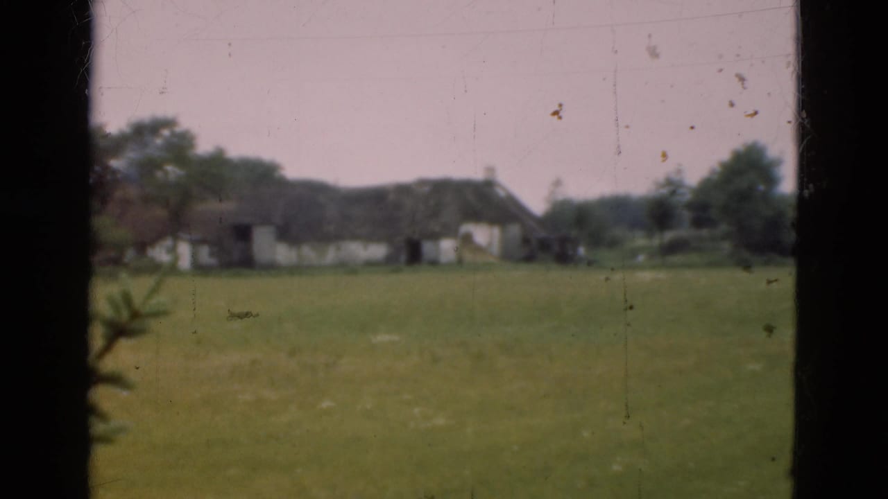 Distant thatched buildings and trees across a grassy field with film scratches visible.