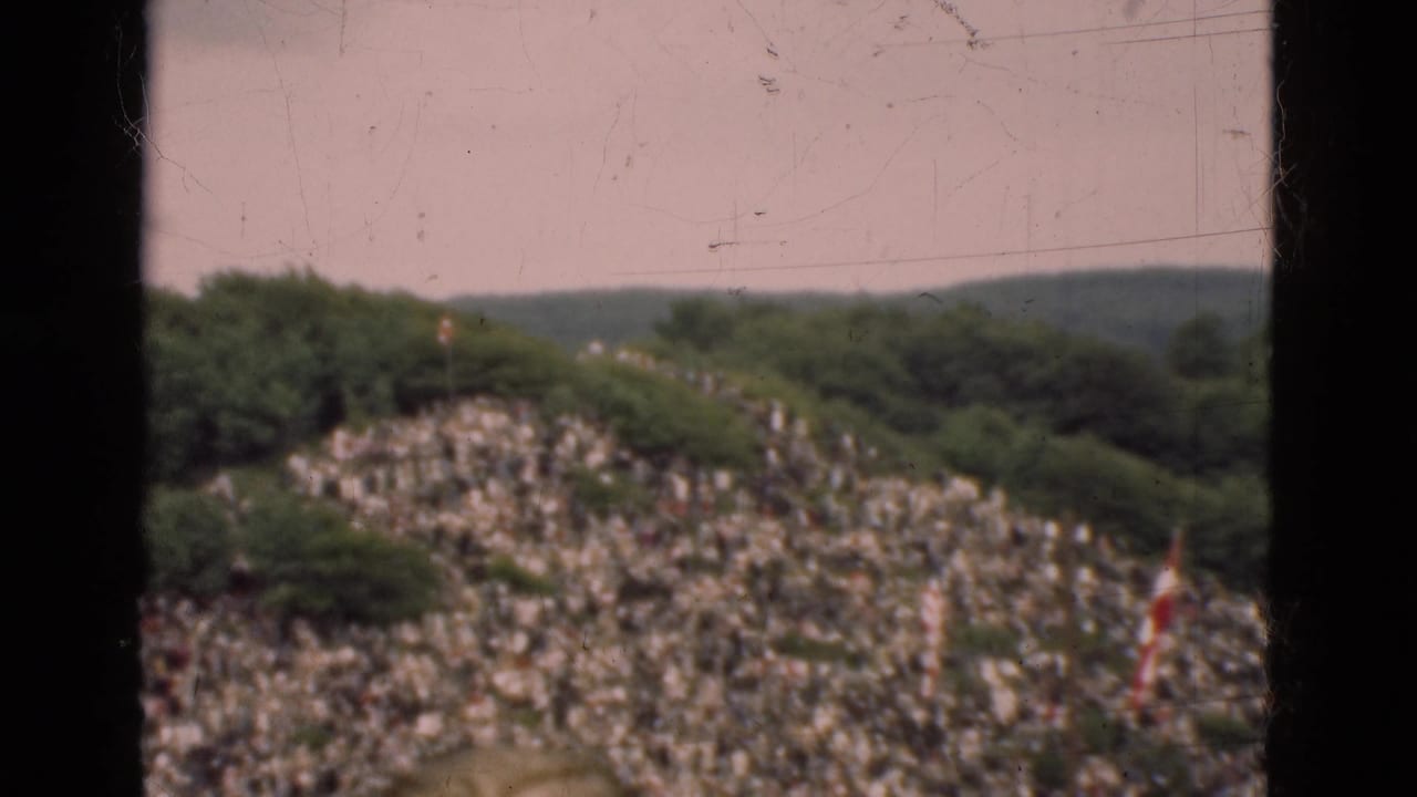Wooded hillside with a large distant crowd on a rocky or grassy slope.