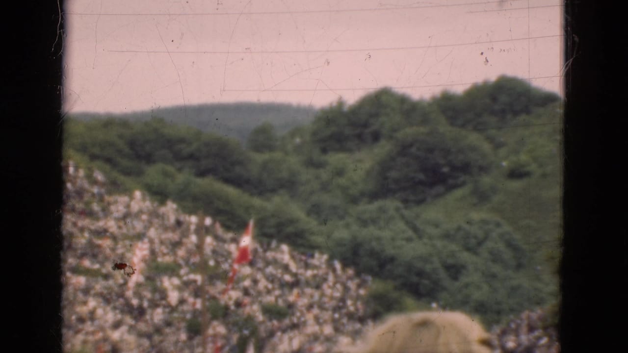 Crowd on a green hillside with a Danish flag and dark vertical frame bars.