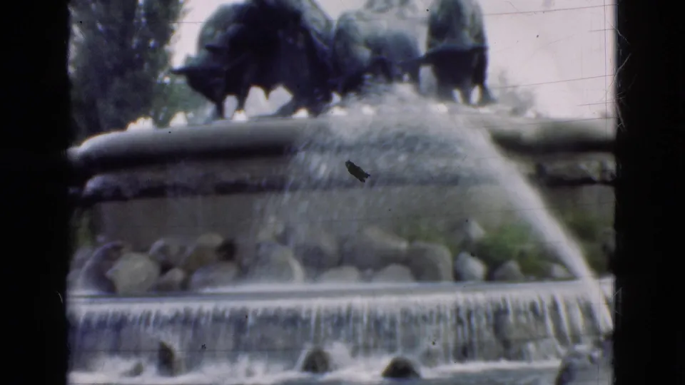 1975 Denmark 8mm frame showing water spilling across a stone fountain ledge, with rocks, greenery, and sculpture details above.