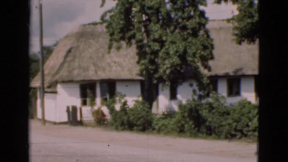 1975 Denmark frame of a thatched cottage by a road, with leafy trees, garden plants, and a stone wall or tower behind it.
