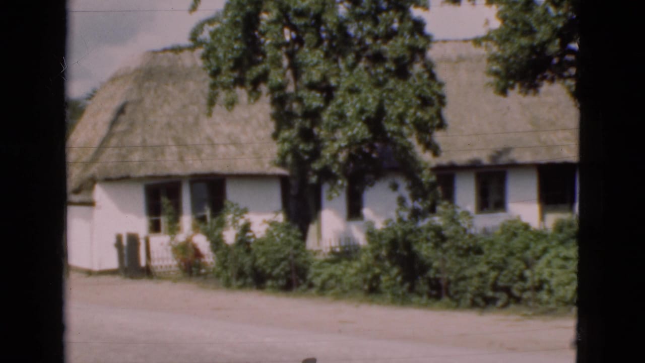 1975 Denmark home-movie frame showing a white thatched cottage, roadside shrubs, leafy trees, and dark framing at the edges.