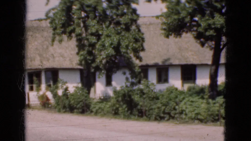 1975 Denmark frame with a white thatched cottage, dense green shrubs, mature trees, and a dark vertical divider in the foreground.
