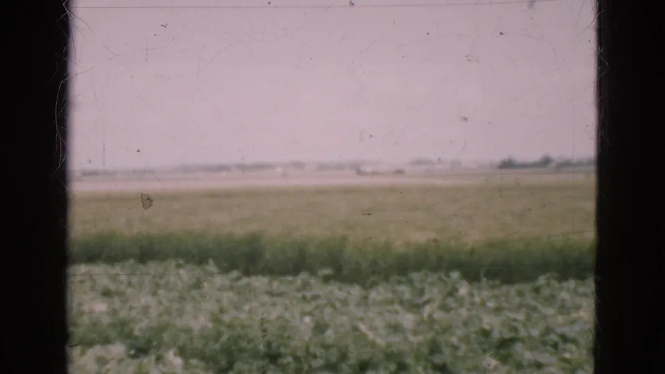 1975 Danish 8mm frame showing green farmland and a pale distant horizon, with dark edge framing and visible dust and scratches.
