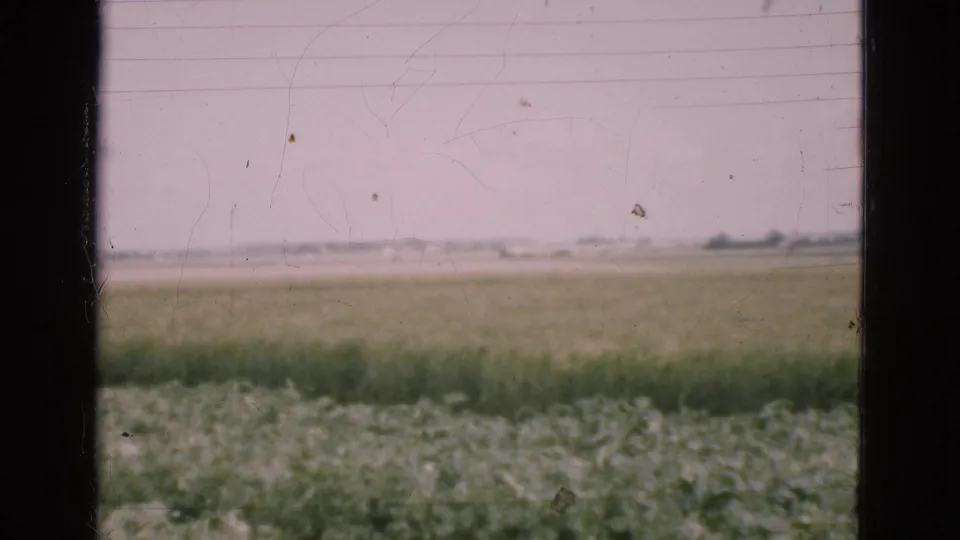 1975 Denmark home-movie view of a flat field and pale sky framed by dark window bars, with grain and dust visible.