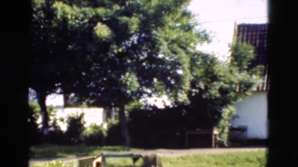 1975 Denmark 8mm still of a residential garden with lawn, leafy trees, shrubs, bench, white wall, and a glimpse of roofline.