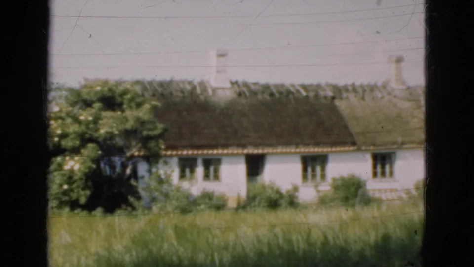 1975 Denmark home-movie frame showing a white rural house with a dark thatched roof, tall grass, shrubs, and soft film exposure.