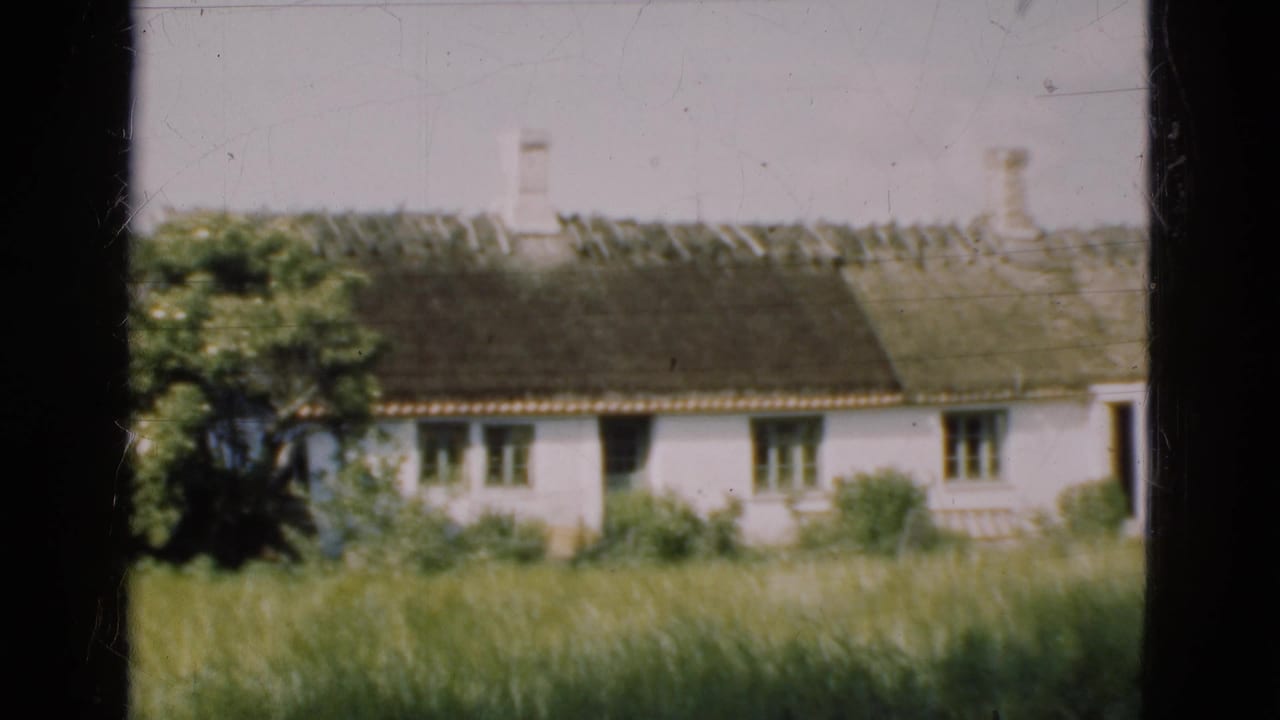 1975 Denmark 8mm frame showing a white thatched cottage across tall grass, partly framed by dark vertical window edges.