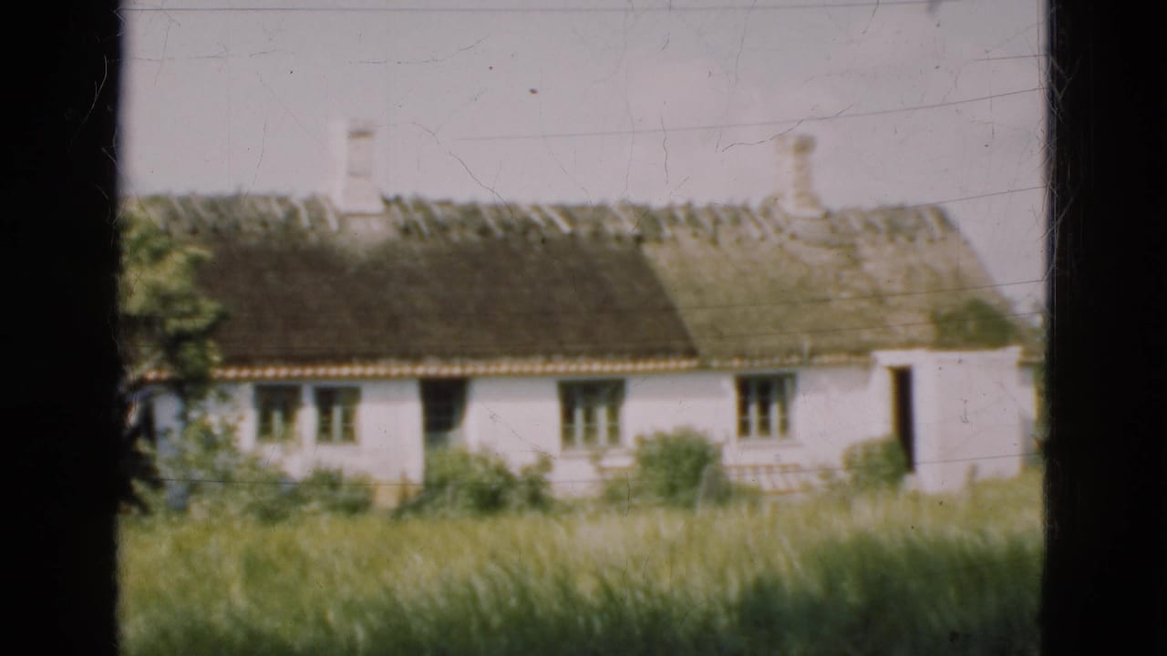 1975 Denmark 8mm frame of a traditional white cottage with a thatched roof, chimneys and tall grass in the foreground.