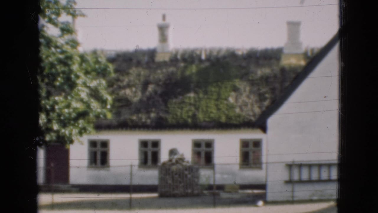 Thatched-roof white house with tree foliage and a dark frame at left.