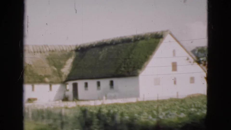 1975 Denmark 8mm frame showing a white thatched rural building, gable wall, small windows, fence line, and green foreground plants.