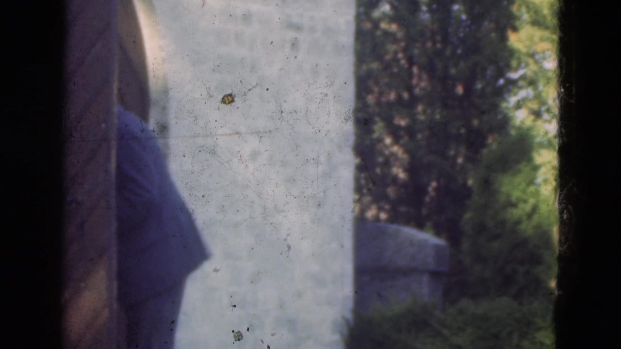 The man is partly obscured by a wall or doorway edge as he moves through the Denmark garden scene.