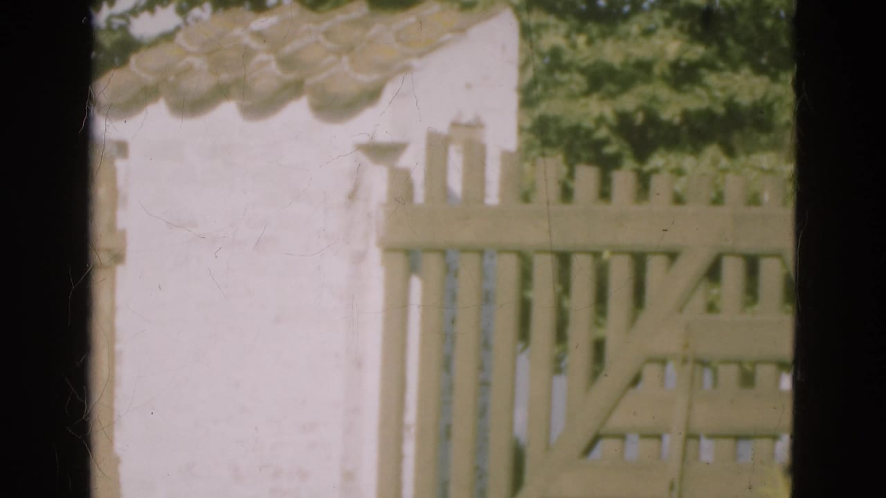 Soft 8mm view of a Danish exterior with a white stucco wall, tiled roof edge, wooden fence, and trees behind it.