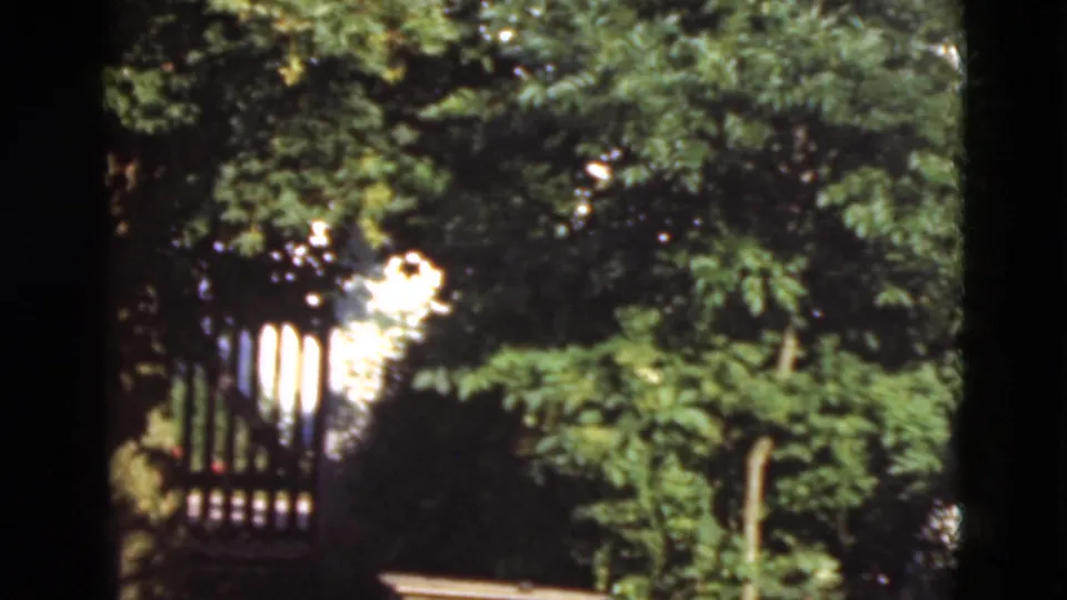 1975 Denmark 8mm frame showing a shaded garden or neighborhood edge with trees, shrubs, and a dark wooden gate.